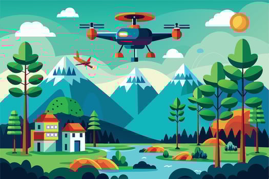 A drone flies over a picturesque mountain range, with a small river winding through a valley below. Two houses sit nestled amongst the trees and the sky is a bright blue with fluffy clouds. vector