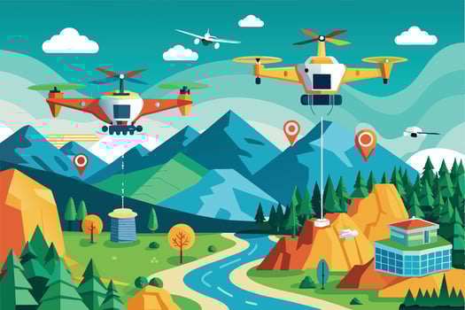 A colorful illustration depicting two drones flying over a picturesque landscape with mountains, rivers, trees, and houses. vector