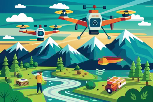 A drone flies over a picturesque mountain landscape with a river winding through the valleys. A person stands on the riverbank, suggesting a delivery or monitoring service. vector