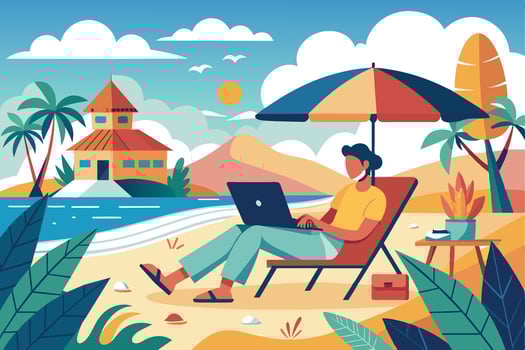 A person works on their laptop while sitting on a beach chair under an umbrella. vector