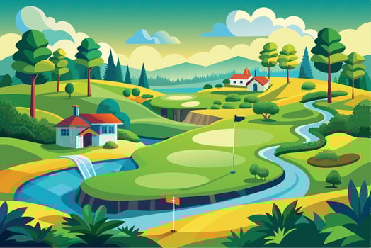A colorful illustration depicting a scenic golf course with a winding river, green hills, and charming houses. vector