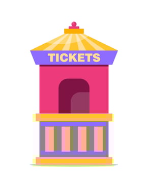 Carnival striped ticket booth kiosk isolated on white. Flat cinema, circus, theater, amusement park tent element with empty window. Entertainment and fun access purchase. illustration. vector