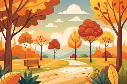 A scenic illustration of an autumn park scene with a winding path leading through colorful trees and a wooden bench. vector