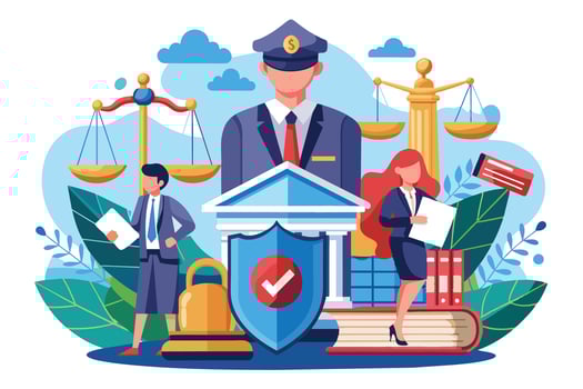 This illustration features two lawyers, a bank building, scales of justice, and a shield with a checkmark. It symbolizes legal protection and security. vector