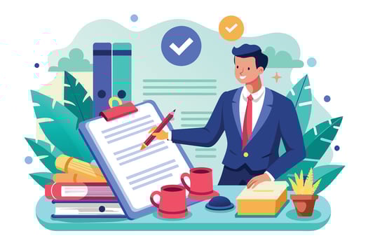 A businessman in a blue suit signs a contract at his desk. Green plants and office supplies are in the background. vector