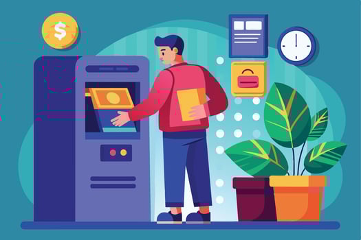 An illustration of a man withdrawing money from an ATM. He is standing in front of the machine, reaching for the cash dispenser. vector