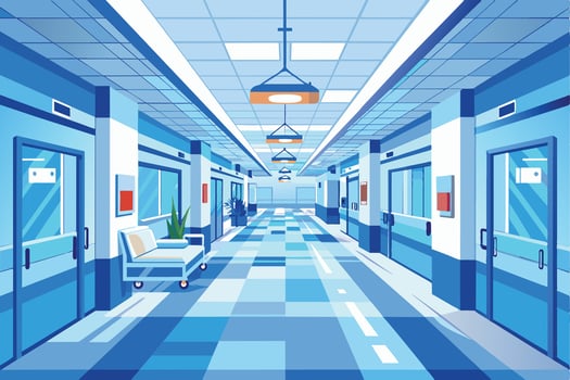 An illustration of a hospital corridor with blue tiled flooring, overhead lighting, and doors leading to different rooms. vector