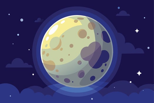A cartoon illustration depicting a full moon with craters in a night sky with clouds and stars. vector