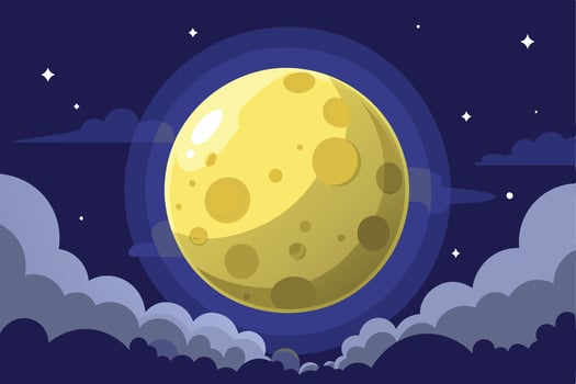 A large, full moon shines brightly in a dark blue night sky, with clouds in the foreground and a few twinkling stars scattered across the expanse. vector
