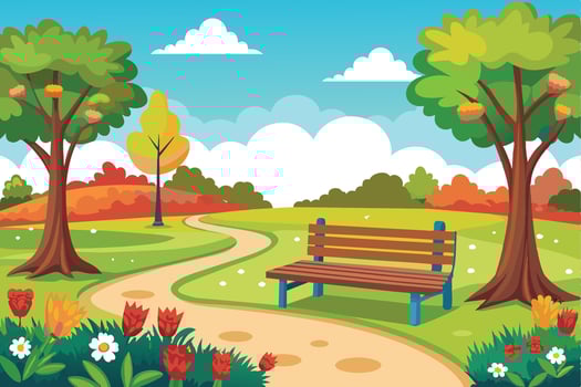 A cheerful cartoon illustration depicts a sunny park scene, featuring a winding path, a wooden bench, and lush greenery. vector