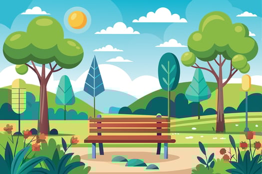 A colorful illustration of a sunny day in the park with a wooden bench in the foreground, surrounded by trees and bushes. vector