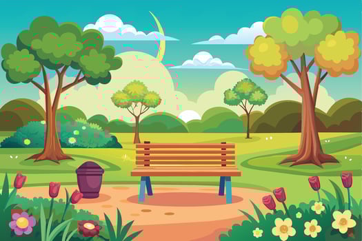 A cartoon illustration of a beautiful park with a wooden bench, lush green grass, trees, flowers, and a bright blue sky. vector