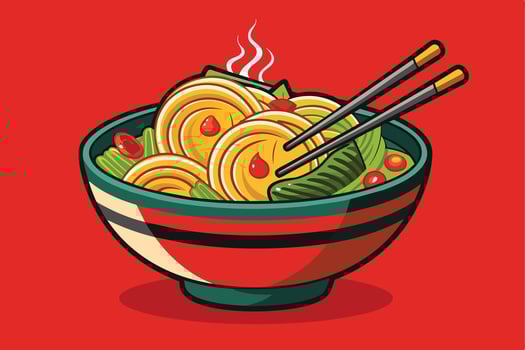 A cartoon illustration of a steaming bowl of noodles with chopsticks, vegetables, and a red background. vector