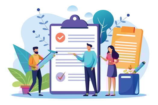 Three people are reviewing a checklist on a clipboard. One points, one holds a pen, and the third stands with a hand on their hip. vector