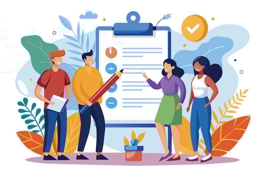A group of four diverse team members collaborate on a project checklist while using a large, red pencil. They stand together, demonstrating a sense of teamwork and unity. vector