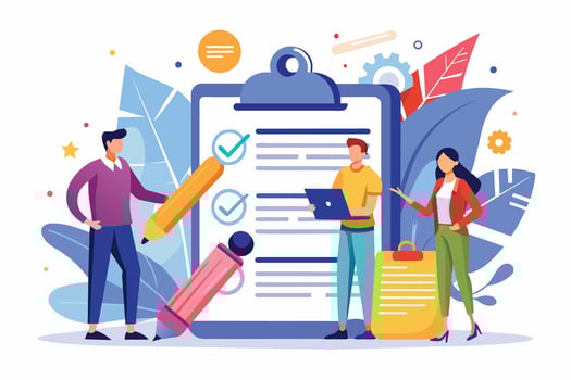 A team of three people works together to complete a checklist. They are focused and engaged, using a variety of methods to ensure everything is done correctly. vector