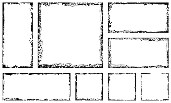 Set of grunge square frames. Empty border background. Hand draws black and white ink. Distress damaged edge vintage template. Brush stroke. vector