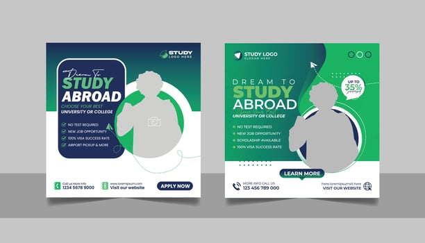 Study abroad social media post set, Higher education online square flyer school admission web banner template vector