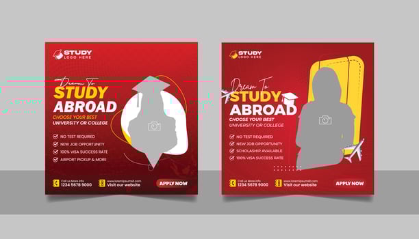 Study abroad social media post set, Higher education online square flyer school admission web banner template vector
