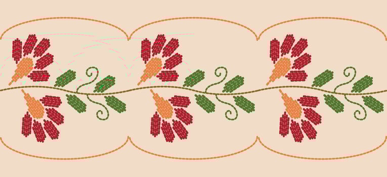 Beautiful Embroidery floral, leaves and branches, red orange flower pattern, decorate hem, skirt, adorning sleeves with flower embroidery. beautiful border flower embroidery. Ethnic flower design. vector