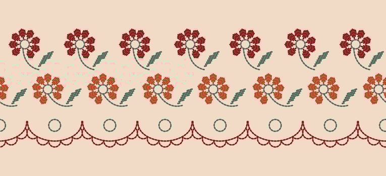 Beautiful Embroidery floral, leaves and branches, red orange flower pattern, decorate hem, skirt, adorning sleeves with flower embroidery. beautiful border flower embroidery. Ethnic flower design. vector