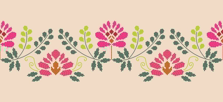 Beautiful Embroidery floral, leaves and branches, embellishing the neckline, decorate hem, skirt, adorning sleeves pink flower embroidery. beautiful border floral embroidery. Ethnic flower design. vector