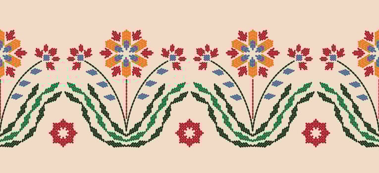 Beautiful Embroidery floral, leaves and branches, red orange flower pattern, decorate hem, skirt, adorning sleeves with flower embroidery. beautiful border flower embroidery. Ethnic flower design. vector