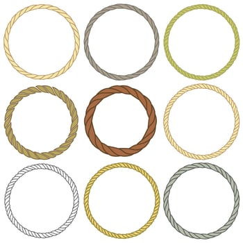 Set of round rope frame. Collection of thick and thin circles isolated on a white background. Rope circle wreaths for use as a decorative element, for a logo or emblem vector