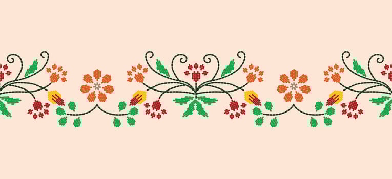 Beautiful Embroidery floral, leaves and branches, red orange flower pattern, decorate hem, skirt, adorning sleeves with flower embroidery. beautiful border flower embroidery. Ethnic flower design. vector