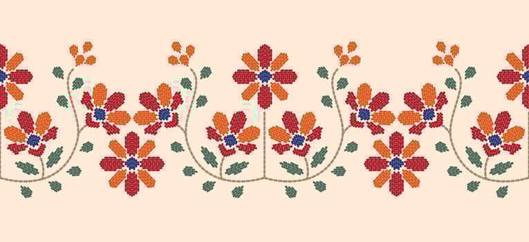 Beautiful Embroidery floral, leaves and branches, red orange flower pattern, decorate hem, skirt, adorning sleeves with flower embroidery. beautiful border flower embroidery. Ethnic flower design. vector