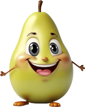 Adorable cartoon pear smiles cheerfully, inviting warmth and happiness. AI-generated. png