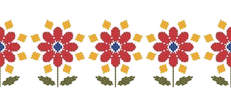 Beautiful Embroidery floral, leaves and branches, red orange flower pattern, decorate hem, skirt, adorning sleeves with flower embroidery. beautiful border flower embroidery. Ethnic flower design. vector