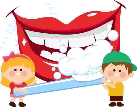 Smiling mouth, kids holding a toothbrush and brushing teeth. Happy children dental hygiene. vector