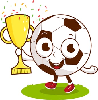 Soccer ball character cheering and holding the championship trophy on the football field. Cartoon footballer sports player with award. vector