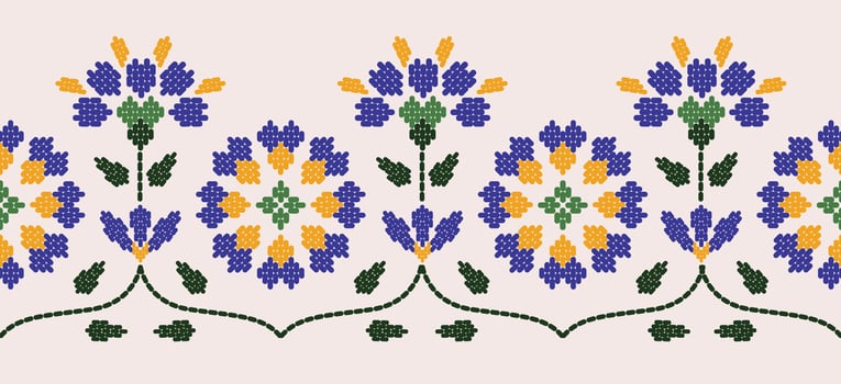 Motif ethnic handmade border beautiful art. Ethnic leaf floral background art. folk embroidery Mexican, Peruvian, Indian, Asia, Moroccan, Turkey Uzbek style. Embroidery pattern design hem skirt. vector