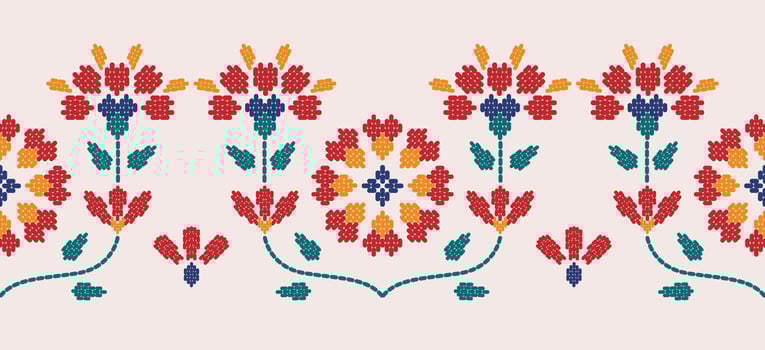 Beautiful Embroidery floral, leaves and branches, red orange flower pattern, decorate hem, skirt, adorning sleeves with flower embroidery. beautiful border flower embroidery. Ethnic flower design. vector