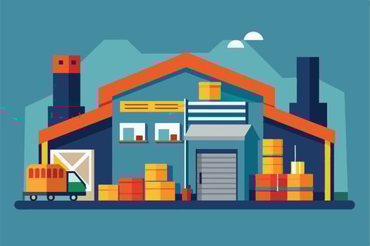 An image of a big warehouse with boxes, a truck, an orange roof, garage door, windows, and stacks of boxes inside and outside. vector