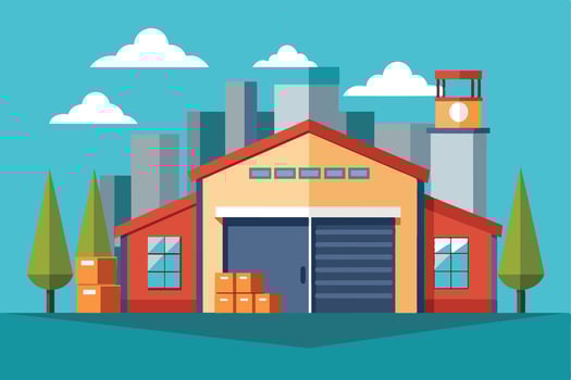 A flat, colorful illustration of a modern warehouse building with a large garage door and stacks of boxes in front of it. vector