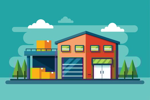 An illustration depicting a modern warehouse building with boxes stacked inside and outside. The building has a blue roof and red exterior with large windows and doors. vector
