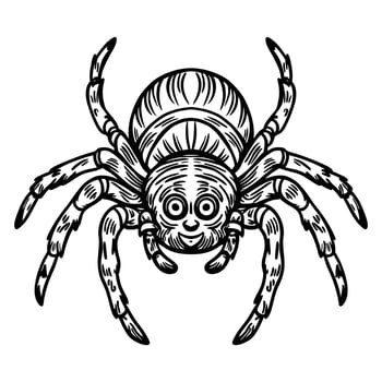 Detailed cartoon spider with smiling face in black and white line art illustration vector