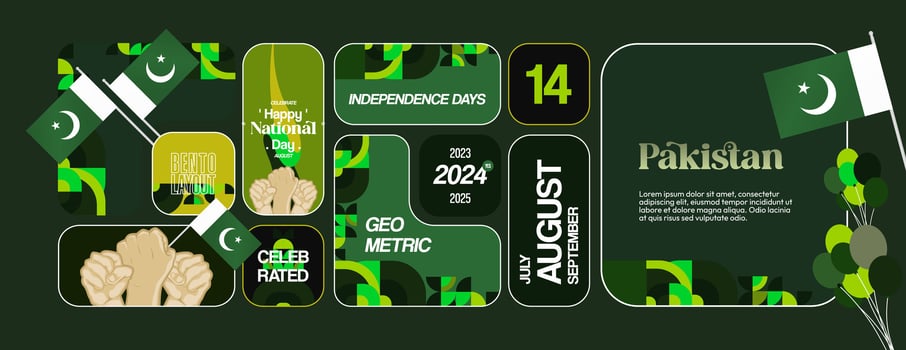 Pakistan Independence Day banner in bento layout geometric style. Wide banner with typography and also country flag. National holiday celebration party background. Happy Pakistan Independence Day vector