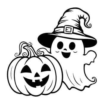 Halloween Ghost with Witch Hat and Jack-o'-Lantern - Fun and Spooky Black and White Illustration vector