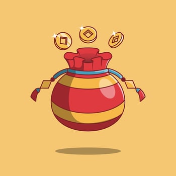 Free Red Pouch With Coins. Money Bag. Chinese. Cartoon. Illustration. Icon. Chinese New Year. Chinese New Year Elements. vector