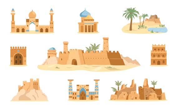 Arabian authentic architecture and desert scenes illustrations set. Traditional ancient Arabian houses, village, castle, mosque, gates, scenery. vector