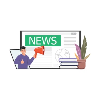 Illustration captures the essence of spreading important and positive news. Man holding a megaphone. vector