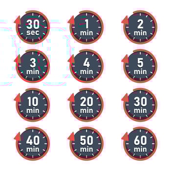 From 30 seconds to 60 minutes on stopwatch icon in flat style. Clock face timer illustration on isolated background. Countdown sign business concept. vector