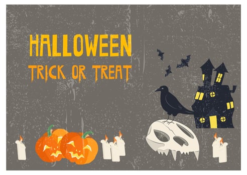 Trick or treat. Halloween card with celebratory subjects. animal skull and crow. Creepy grey background with texture. Flat style illustration. Great for party invitation, flyer, greeting c vector