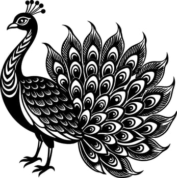 Monochrome peacock. Animal bird illustration, peafowl art design vector