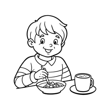 little boy eating breakfast line art vector