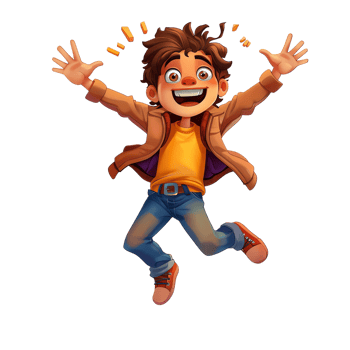 Excited cartoon boy jumping with joy, wearing jeans and a jacket. png